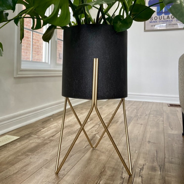 black and gold plant pot stand Charcoal Metal Planter Pots on Gold Plant Stands – DSTUDIOhome