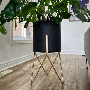 Open image in slideshow, Charcoal Metal Planter Pots on Gold Plant Stands
