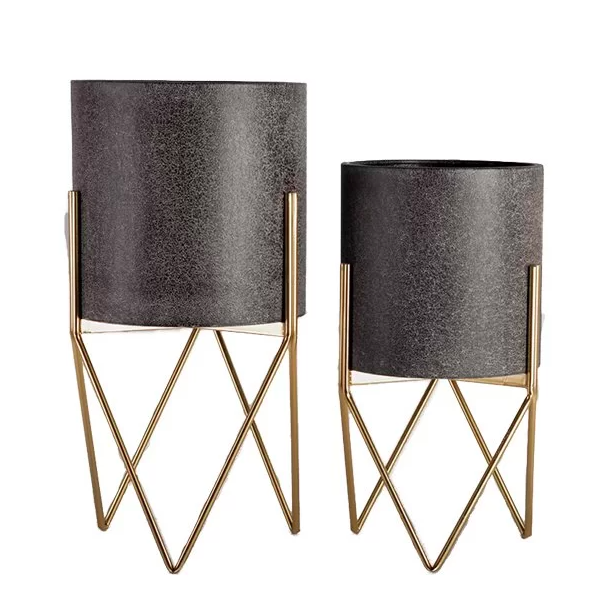 black gold plant pot Charcoal Metal Planter Pots on Gold Plant Stands – DSTUDIOhome